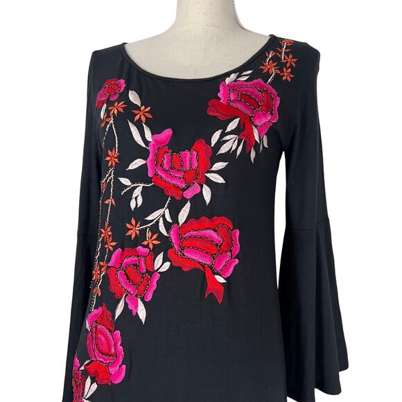 Vintage Collection Black Bell Sleeve Dress Beaded Embroidered Floral Boho XS - Picture 5 of 7